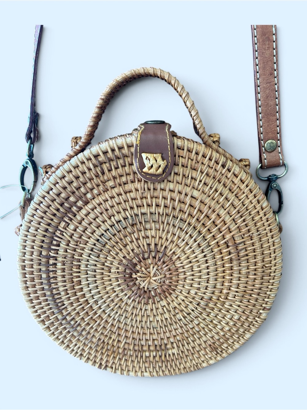 Woven Round Straw Crossbody Bag with Brown Leather Strap - Picture 2 of 6